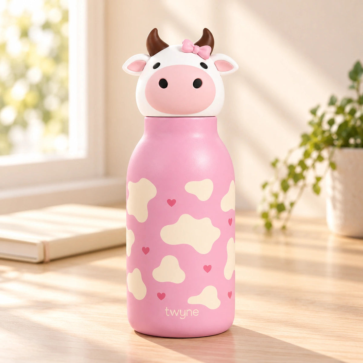 Twyne Cow bottle on a desk