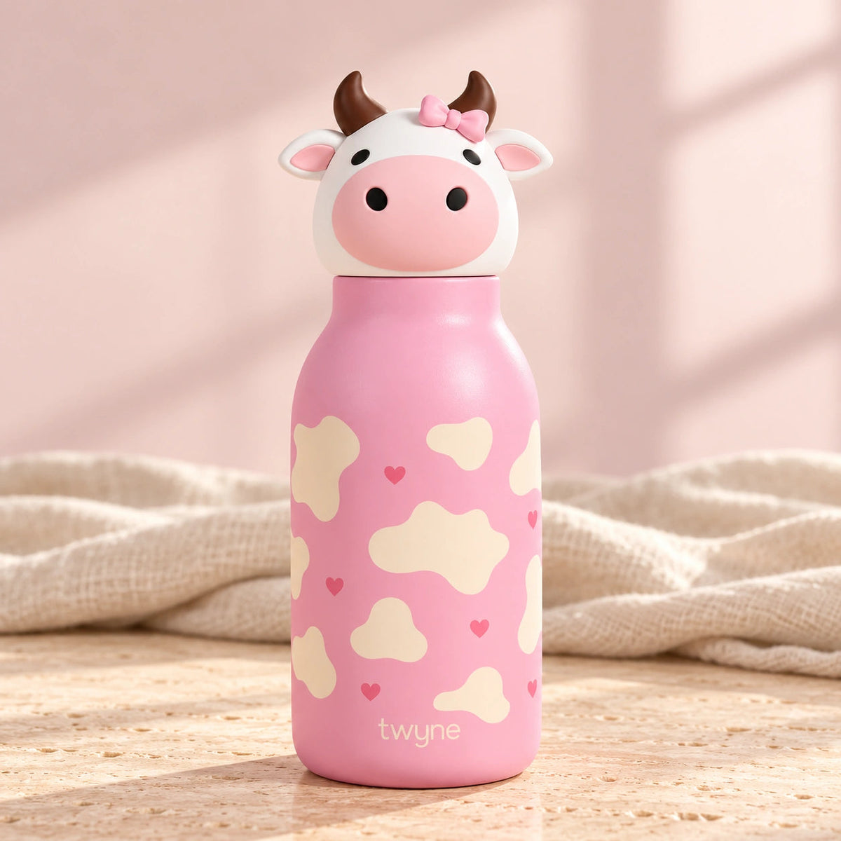 Twyne Cow bottle on linen