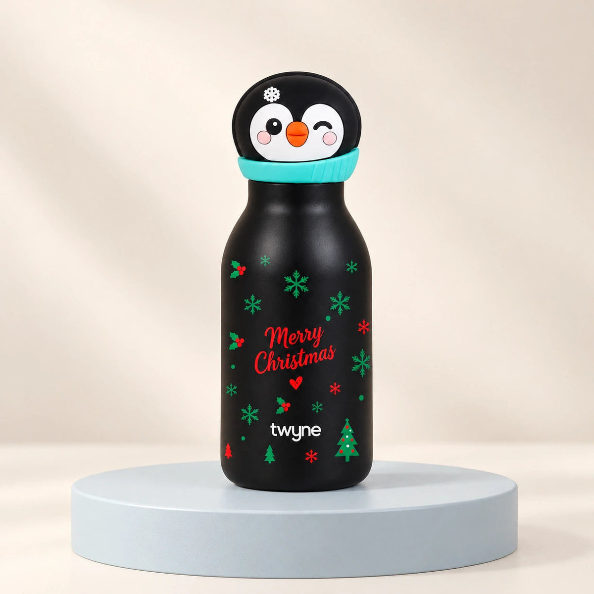 Twyne Penguin bottle on a studio pedestal