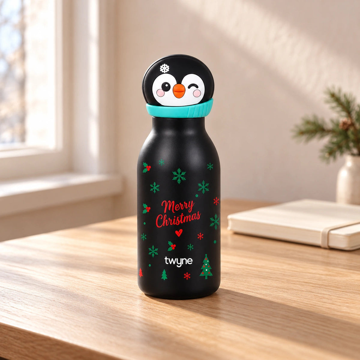 Twyne Penguin bottle on a desk