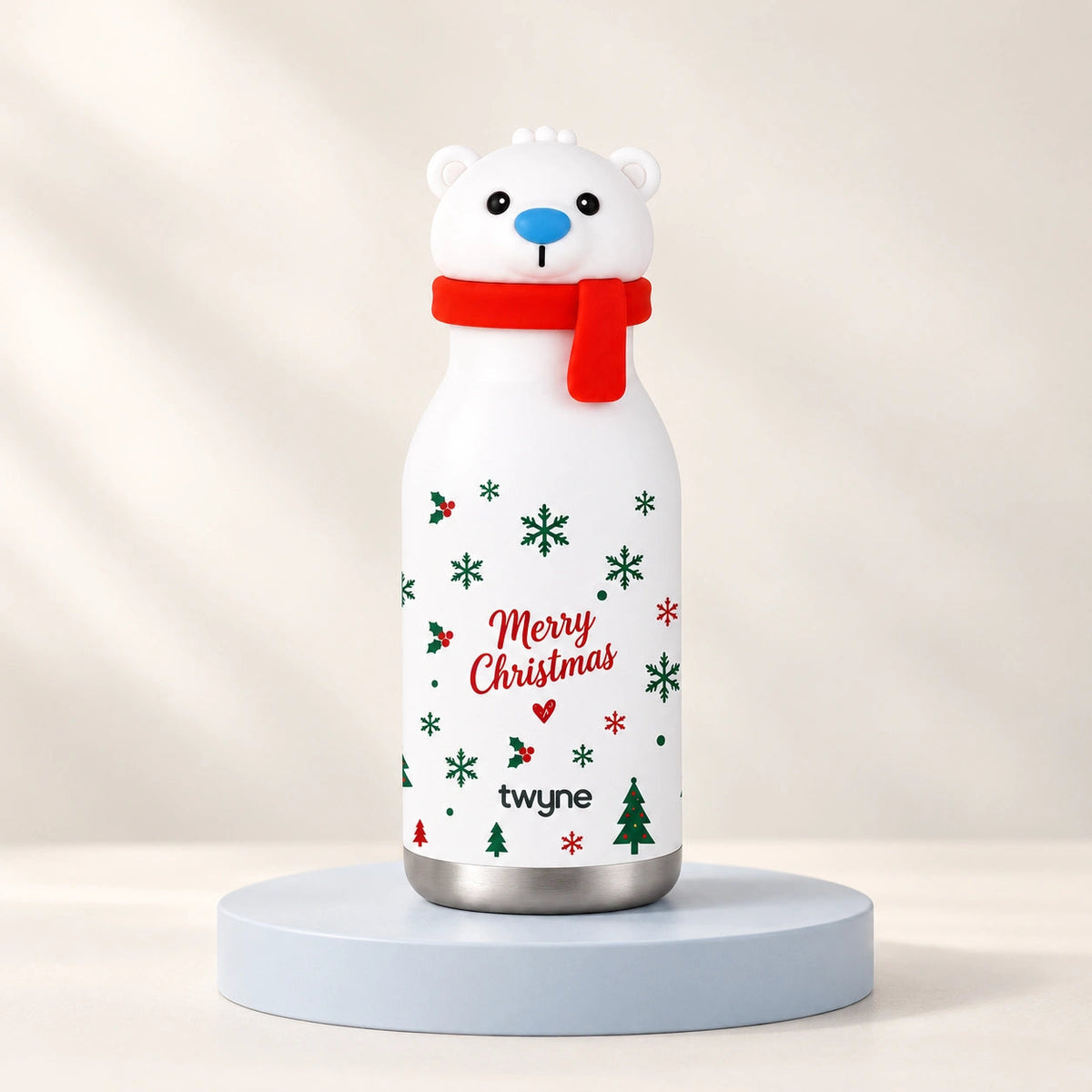 Twyne Polar Bear bottle on a studio pedestal