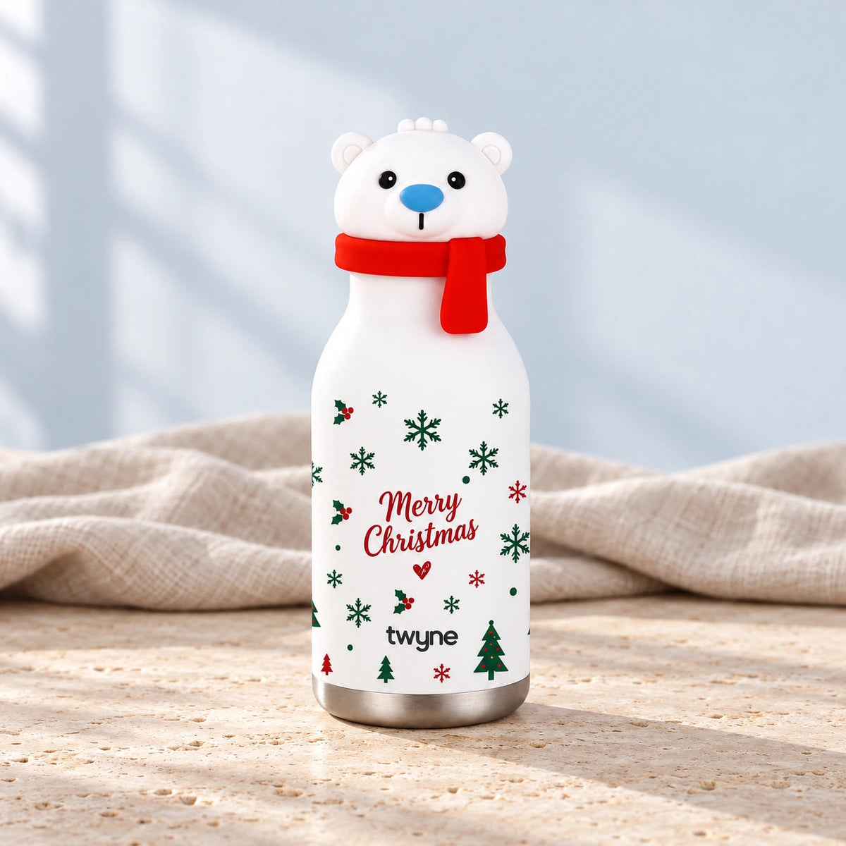 Twyne Polar Bear bottle on linen