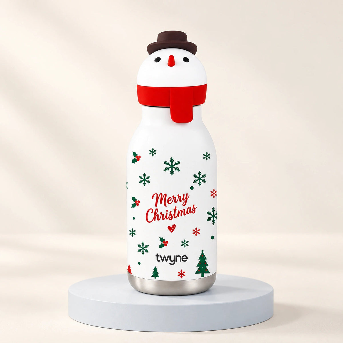 Twyne Snowman bottle on a studio pedestal