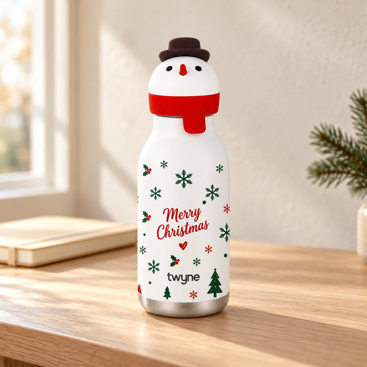 Twyne Snowman bottle on a desk