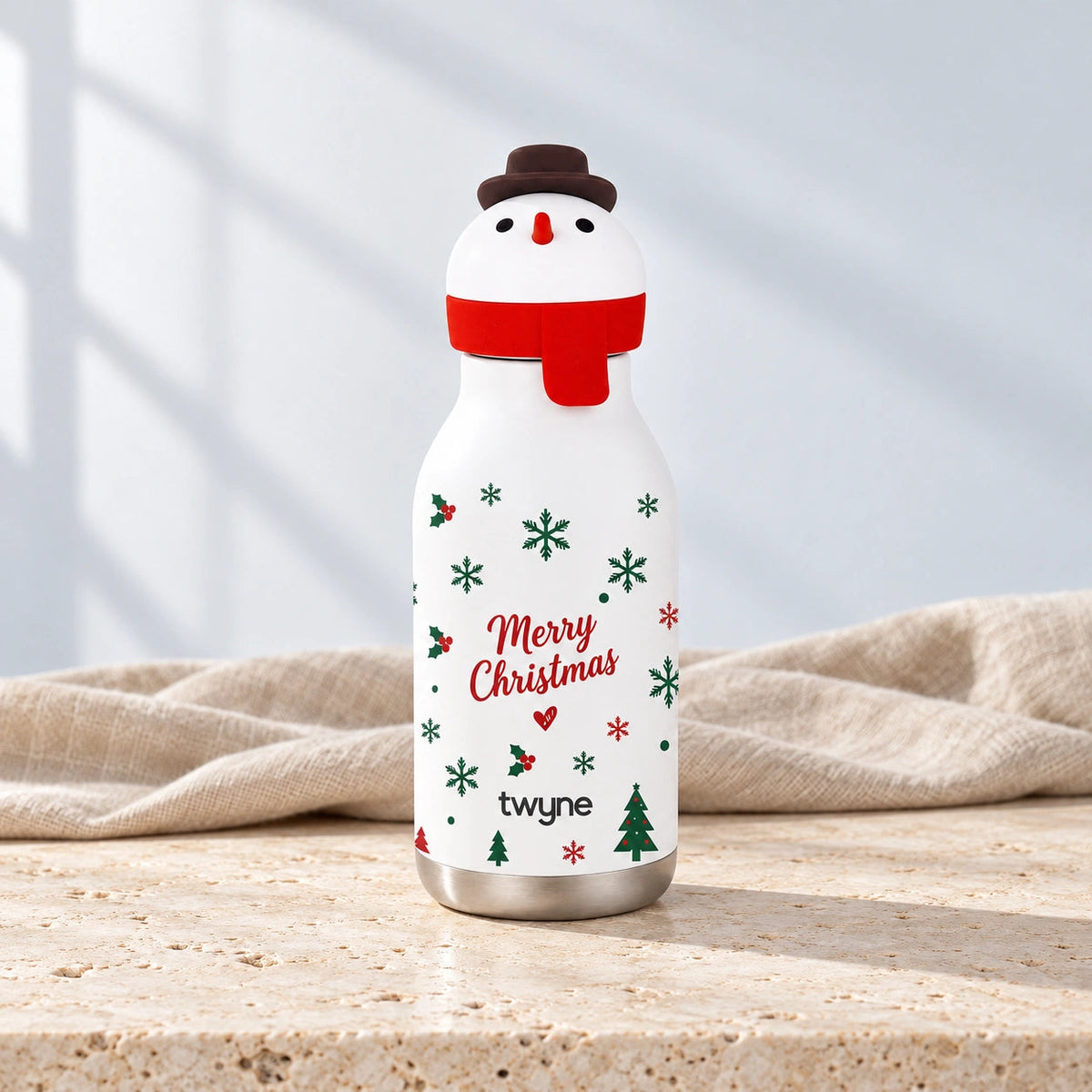 Twyne Snowman bottle on linen